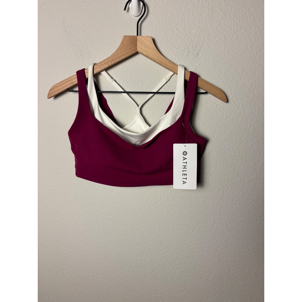 Athleta Double Up Bra D-DD Cup Berry Purple White Medium Impact Sports Bra S NEW